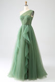 Verde scuro Tulle A-Line Monospalla Abiti Lunghi Prom