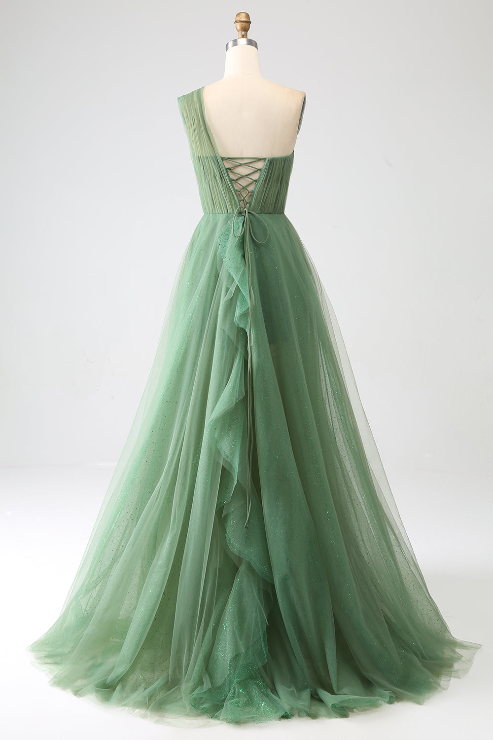 Verde scuro Tulle A-Line Monospalla Abiti Lunghi Prom