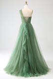Verde scuro Tulle A-Line Monospalla Abiti Lunghi Prom