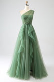 Verde scuro Tulle A-Line Monospalla Abiti Lunghi Prom