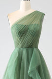 Verde scuro Tulle A-Line Monospalla Abiti Lunghi Prom