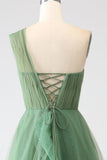 Verde scuro Tulle A-Line Monospalla Abiti Lunghi Prom