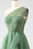 Verde scuro Tulle A-Line Monospalla Abiti Lunghi Prom