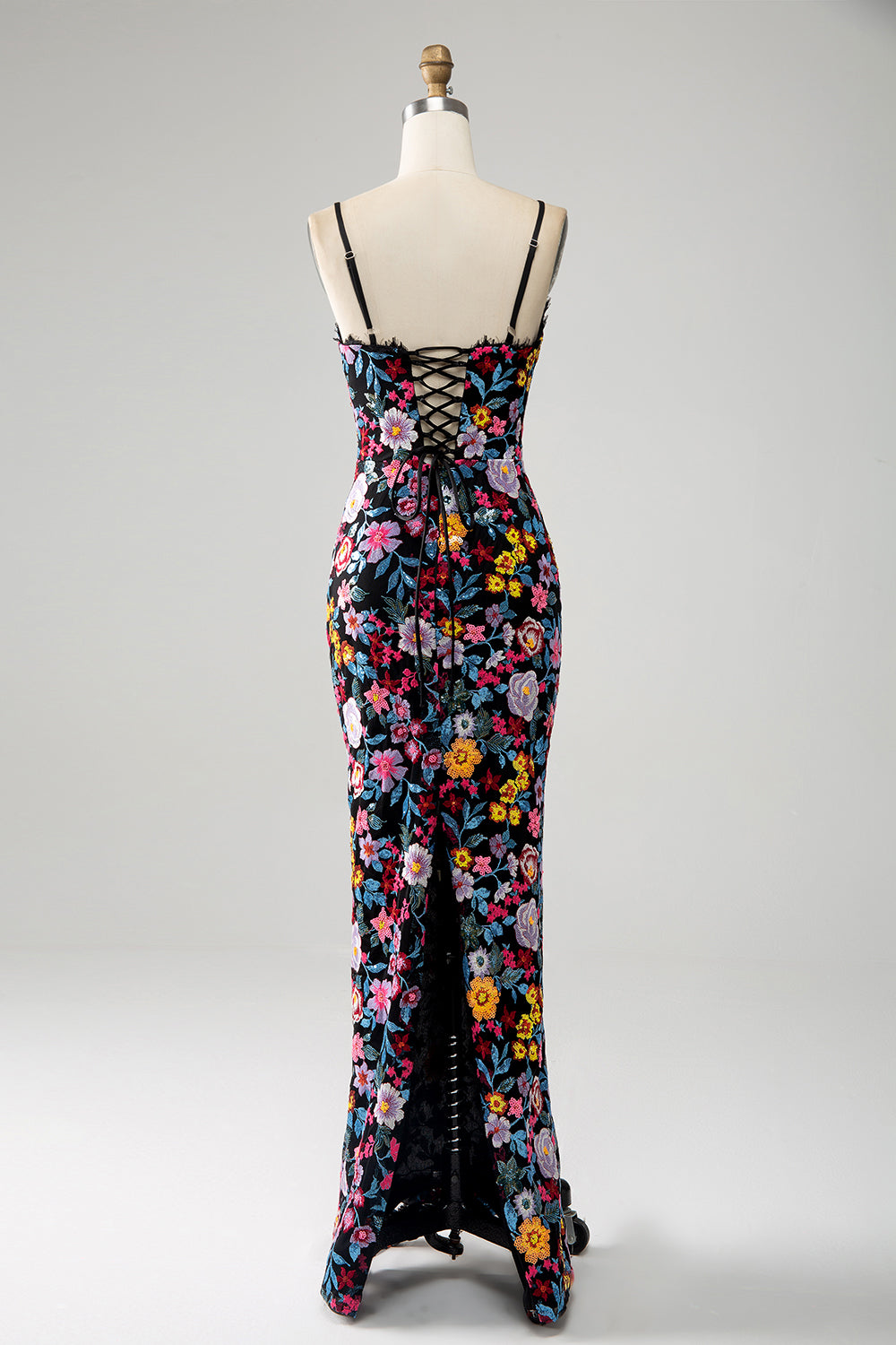 Nero Floreale Sirena Spaghetti Straps Abito Lungo Prom Con Ricamo