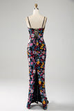 Nero Floreale Sirena Spaghetti Straps Abito Lungo Prom Con Ricamo
