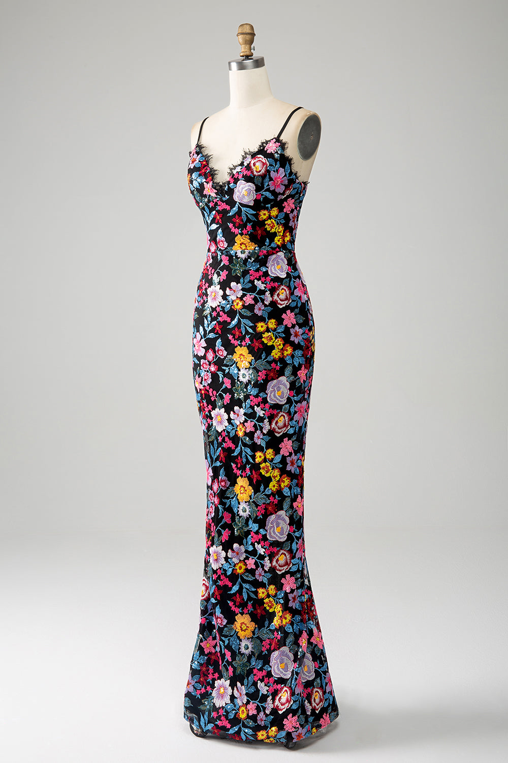 Nero Floreale Sirena Spaghetti Straps Abito Lungo Prom Con Ricamo
