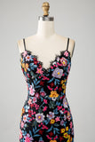 Nero Floreale Sirena Spaghetti Straps Abito Lungo Prom Con Ricamo