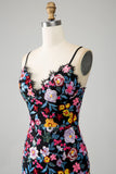 Nero Floreale Sirena Spaghetti Straps Abito Lungo Prom Con Ricamo