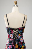 Nero Floreale Sirena Spaghetti Straps Abito Lungo Prom Con Ricamo