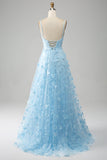 Azzurro cielo A Line Spaghetti Straps Sparkly Beaded Prom Dress con farfalle 3D