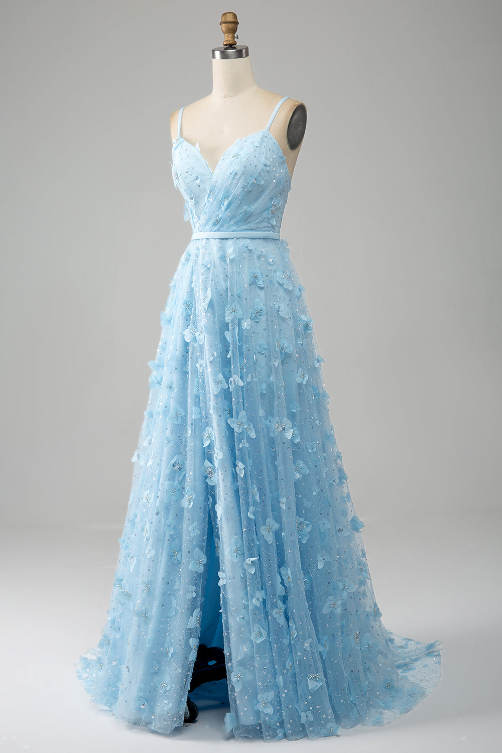 Azzurro cielo A Line Spaghetti Straps Sparkly Beaded Prom Dress con farfalle 3D