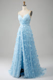 Azzurro cielo A Line Spaghetti Straps Sparkly Beaded Prom Dress con farfalle 3D