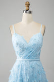 Azzurro cielo A Line Spaghetti Straps Sparkly Beaded Prom Dress con farfalle 3D