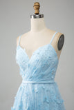 Azzurro cielo A Line Spaghetti Straps Sparkly Beaded Prom Dress con farfalle 3D