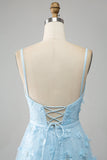 Azzurro cielo A Line Spaghetti Straps Sparkly Beaded Prom Dress con farfalle 3D