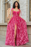 Spaghetti Straps Hot Pink A-Line Abito lungo da ballo con fessura
