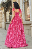 Spaghetti Straps Hot Pink A-Line Abito lungo da ballo con fessura