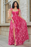 Spaghetti Straps Hot Pink A-Line Abito lungo da ballo con fessura