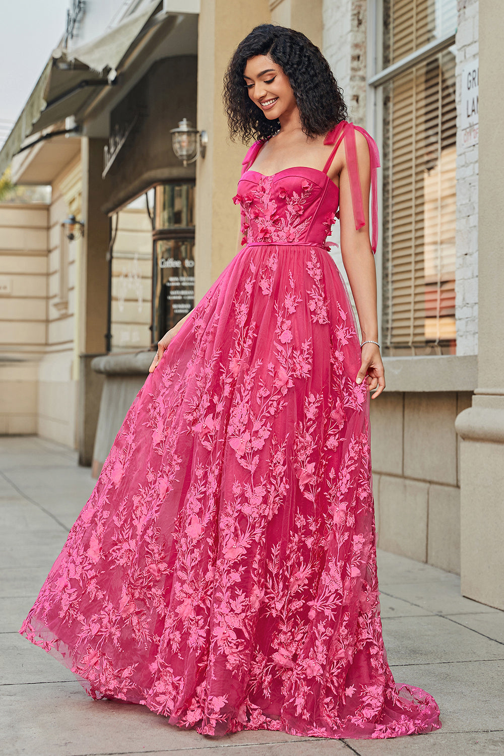 Spaghetti Straps Hot Pink A-Line Abito lungo da ballo con fessura