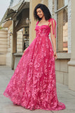 Spaghetti Straps Hot Pink A-Line Abito lungo da ballo con fessura