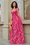 Spaghetti Straps Hot Pink A-Line Abito lungo da ballo con fessura