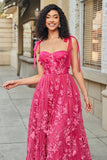 Spaghetti Straps Hot Pink A-Line Abito lungo da ballo con fessura