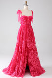 A-Line Spaghetti Straps Fucsia Abito Lungo Prom con Spacco