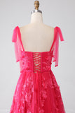 A-Line Spaghetti Straps Fucsia Abito Lungo Prom con Spacco