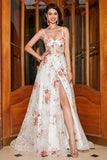 Ricamato Ivory Flower Abito lungo corsetto Ballo con fessura