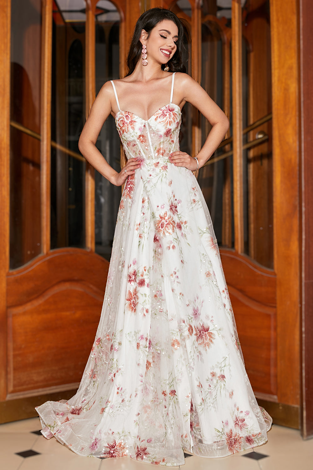 Ricamato Ivory Flower Abito lungo corsetto Ballo con fessura