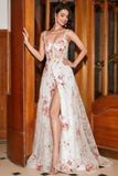 Ricamato Ivory Flower Abito lungo corsetto Ballo con fessura