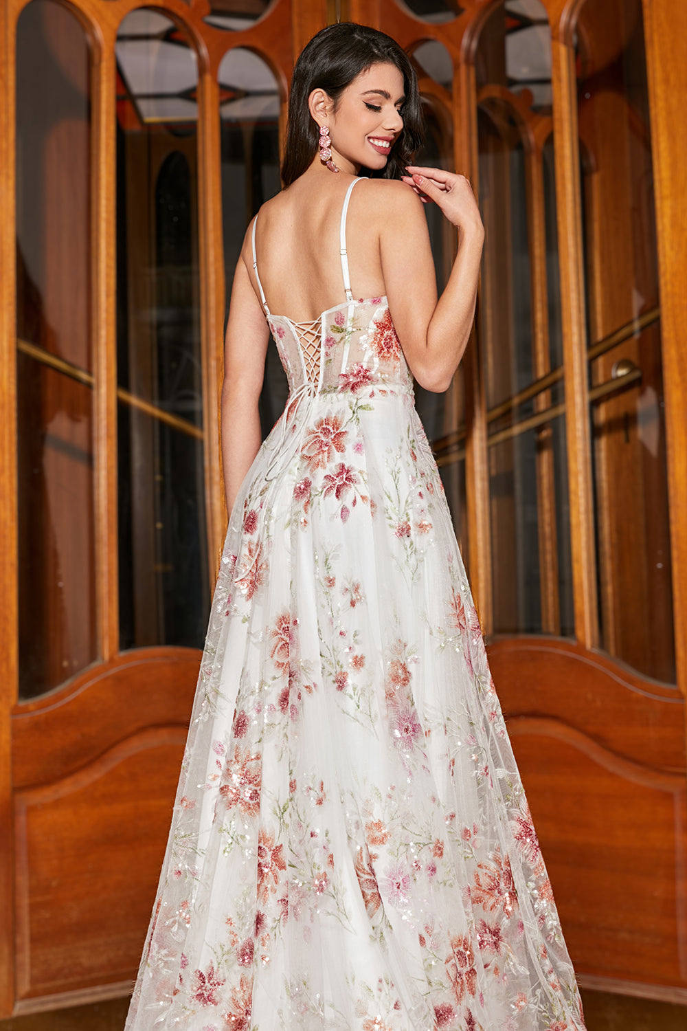 Ricamato Ivory Flower Abito lungo corsetto Ballo con fessura