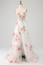 Avorio Fiore Ricamato Corsetto Lungo Abito da ballo con Fessura