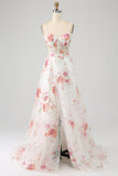 Avorio Fiore Ricamato Corsetto Lungo Abito da ballo con Fessura
