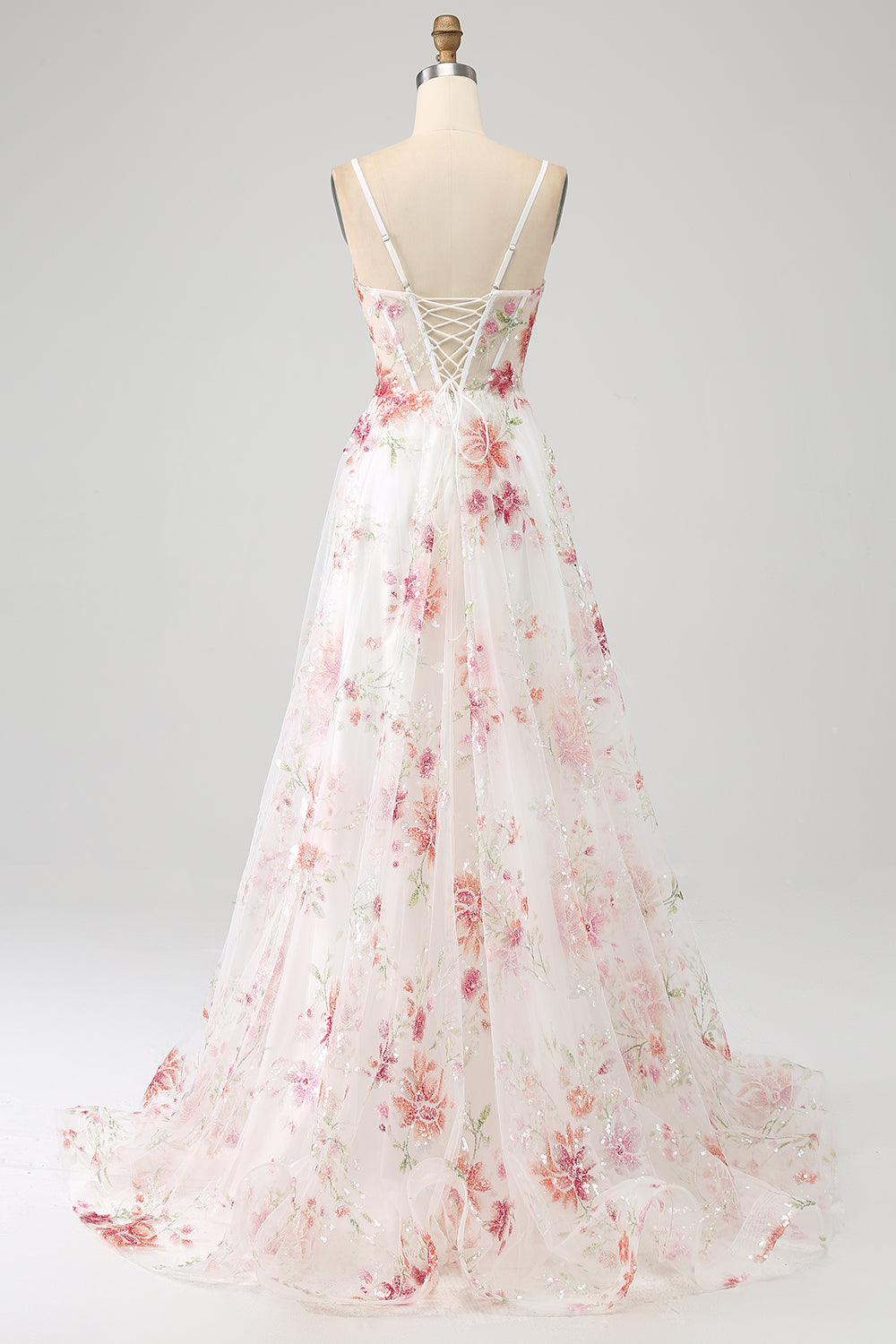 Avorio Fiore Ricamato Corsetto Lungo Abito da ballo con Fessura