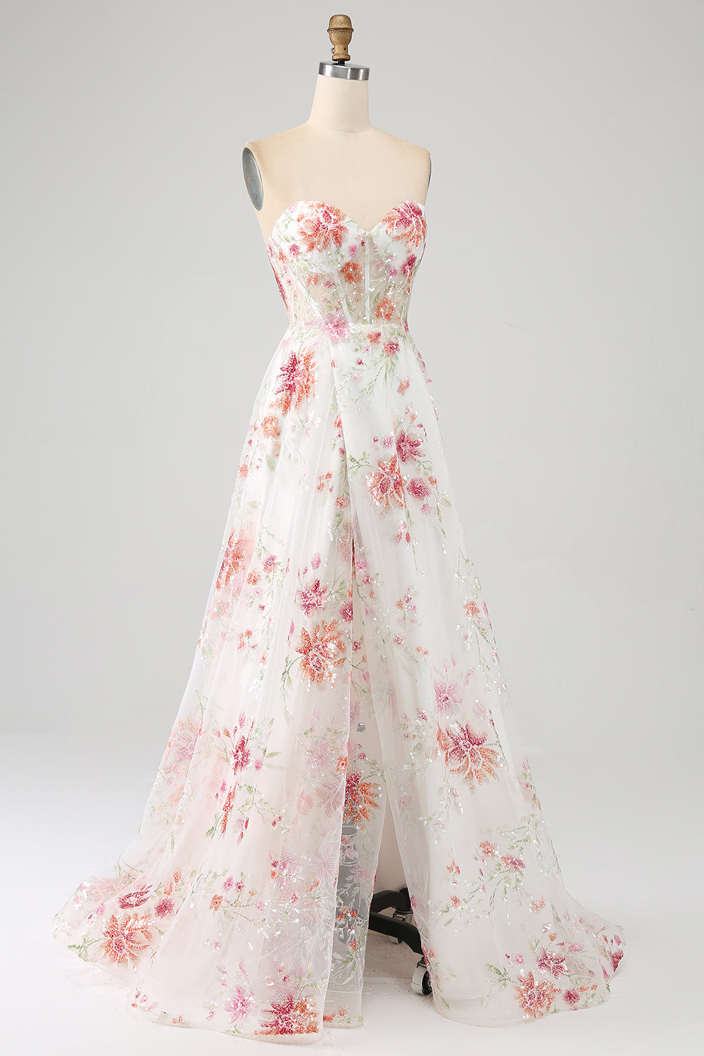 Avorio Fiore Ricamato Corsetto Lungo Abito da ballo con Fessura