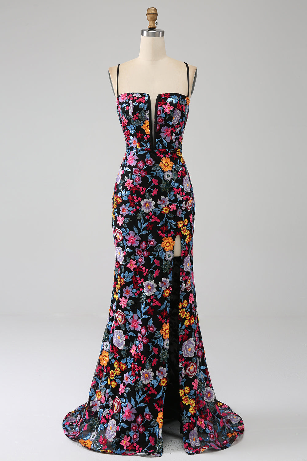 Mermaid Spaghetti Straps Nero Fiore Ricamato Prom Dress con Spacco Laterale