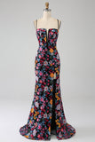 Mermaid Spaghetti Straps Nero Fiore Ricamato Prom Dress con Spacco Laterale
