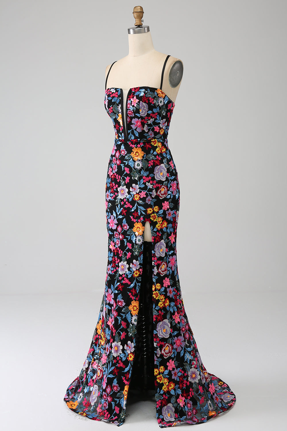 Mermaid Spaghetti Straps Nero Fiore Ricamato Prom Dress con Spacco Laterale