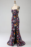 Mermaid Spaghetti Straps Nero Fiore Ricamato Prom Dress con Spacco Laterale