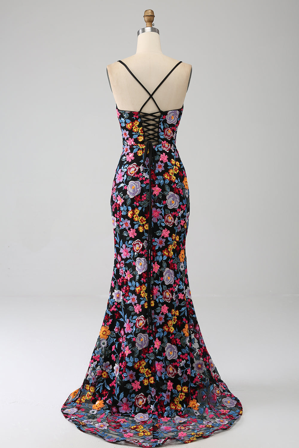 Mermaid Spaghetti Straps Nero Fiore Ricamato Prom Dress con Spacco Laterale