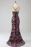 Mermaid Spaghetti Straps Nero Fiore Ricamato Prom Dress con Spacco Laterale