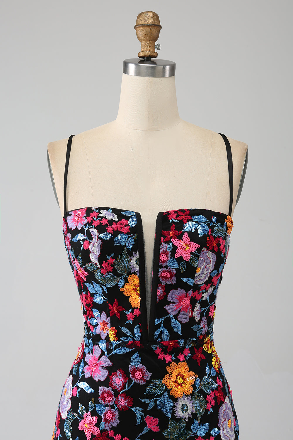 Mermaid Spaghetti Straps Nero Fiore Ricamato Prom Dress con Spacco Laterale