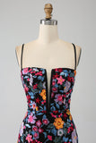 Mermaid Spaghetti Straps Nero Fiore Ricamato Prom Dress con Spacco Laterale