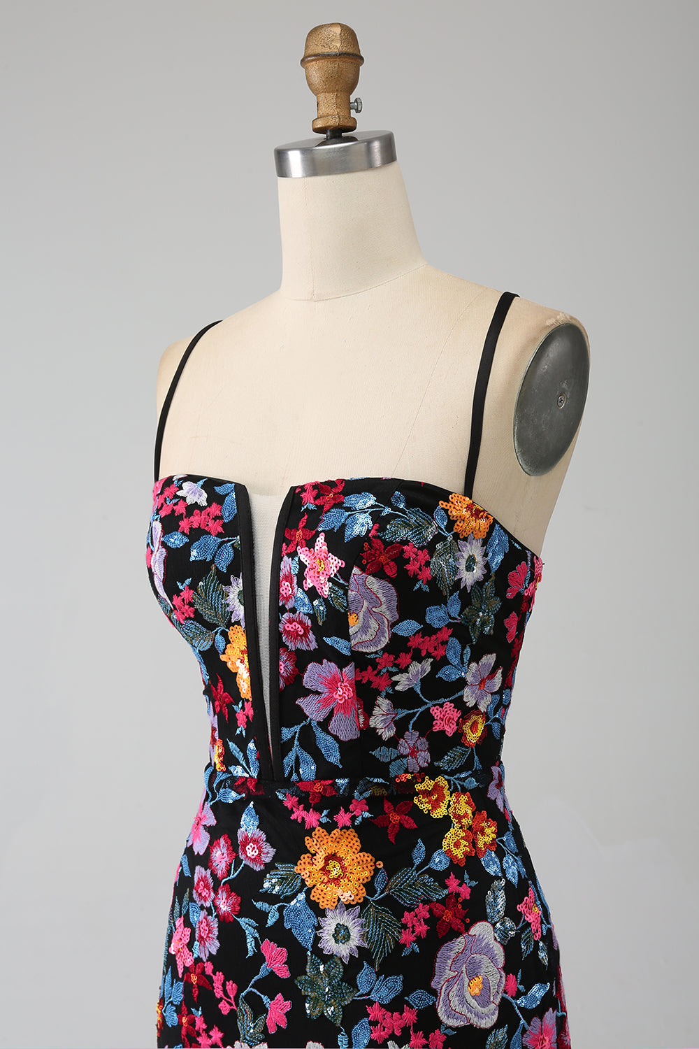 Mermaid Spaghetti Straps Nero Fiore Ricamato Prom Dress con Spacco Laterale
