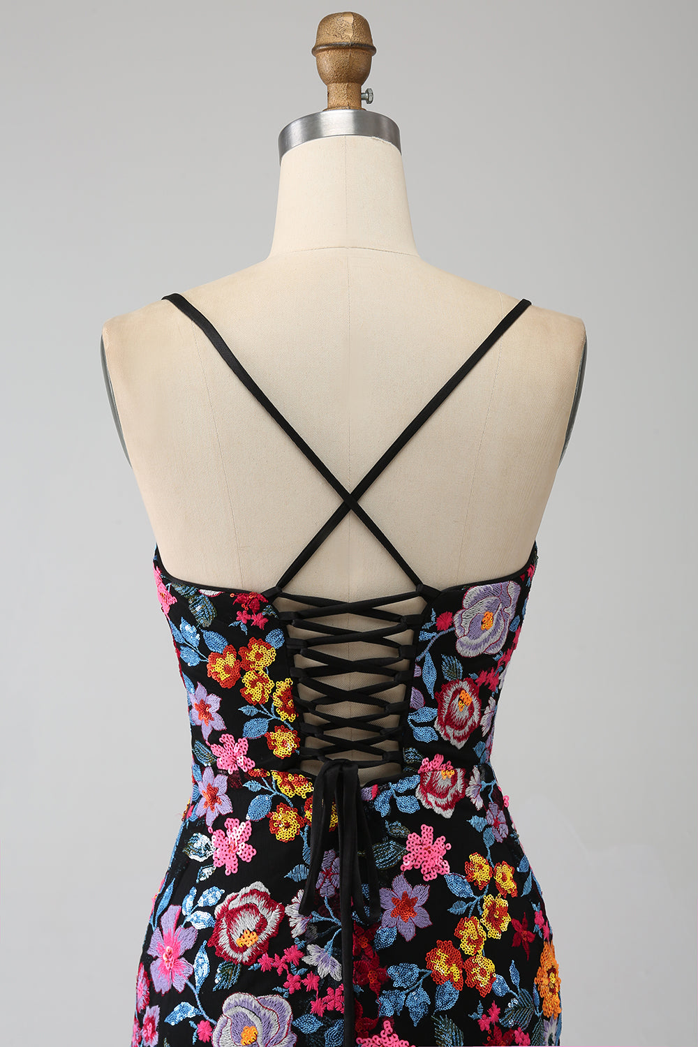 Mermaid Spaghetti Straps Nero Fiore Ricamato Prom Dress con Spacco Laterale