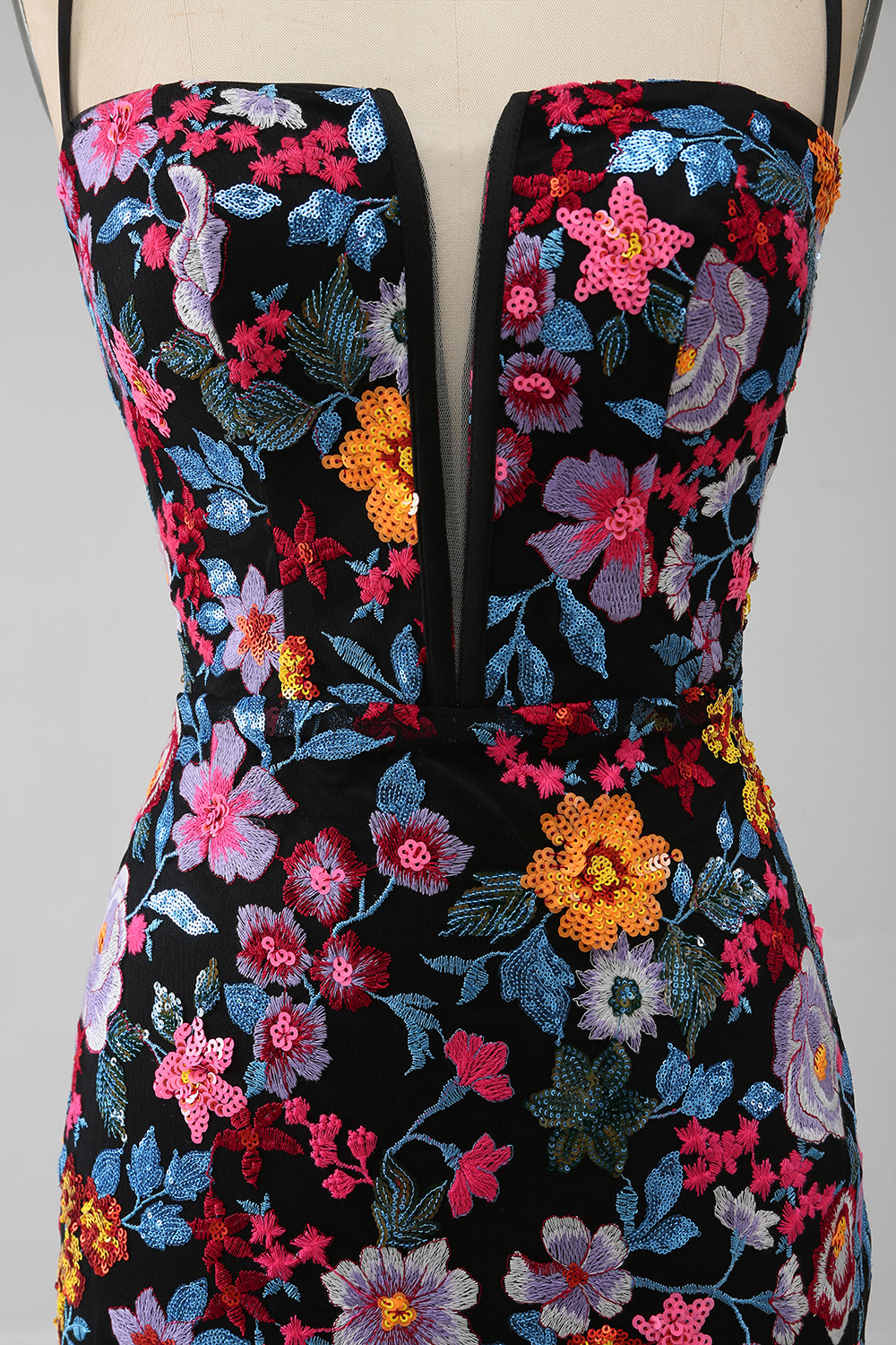Mermaid Spaghetti Straps Nero Fiore Ricamato Prom Dress con Spacco Laterale