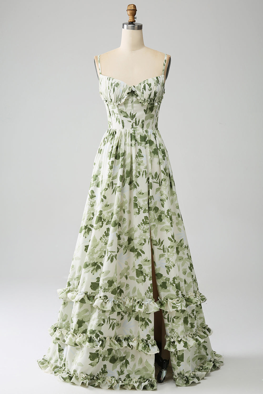 Verde A-Line Spaghetti Straps stampato plissettato abito lungo prom con fessura