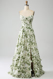 Verde A-Line Spaghetti Straps stampato plissettato abito lungo prom con fessura