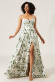 A-Line Spaghetti Straps Verde Stampato Abito Lungo Prom Con Spacco